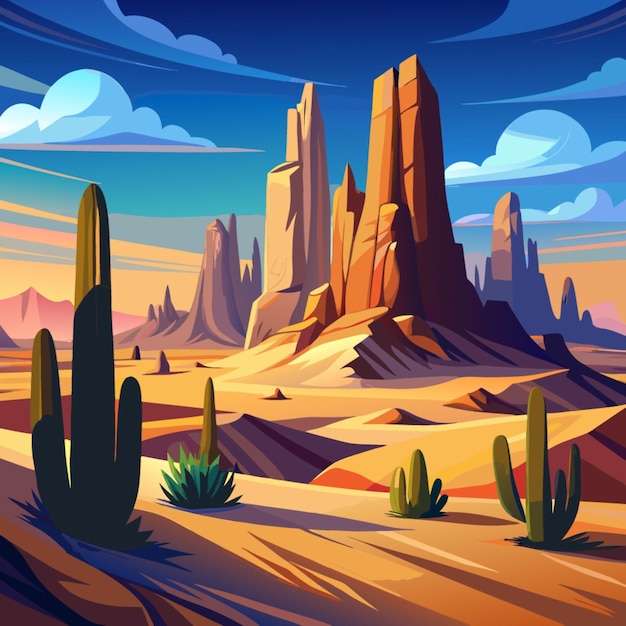 a painting of a desert with cactus and desert in the background