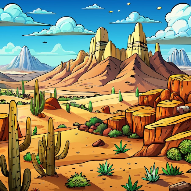 Vector a painting of a desert with cactus and mountains in the background