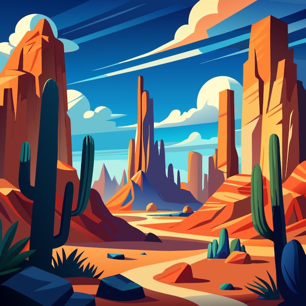 Vector a painting of a desert with many cactus and other plants