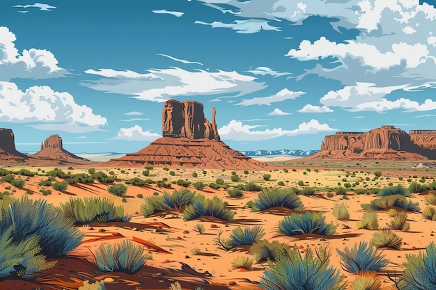 Vector a painting of a desert with a mountain in the background