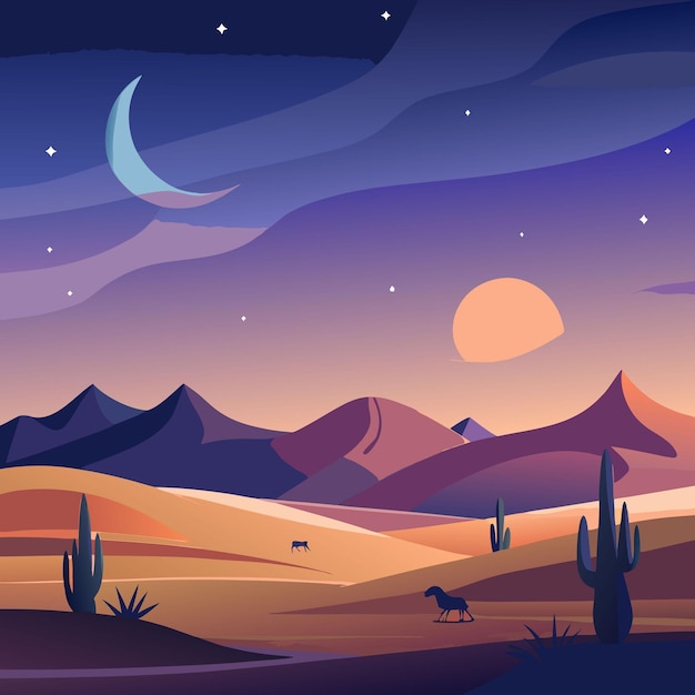 Vector a painting of a desert with mountains and a wolf running in the background