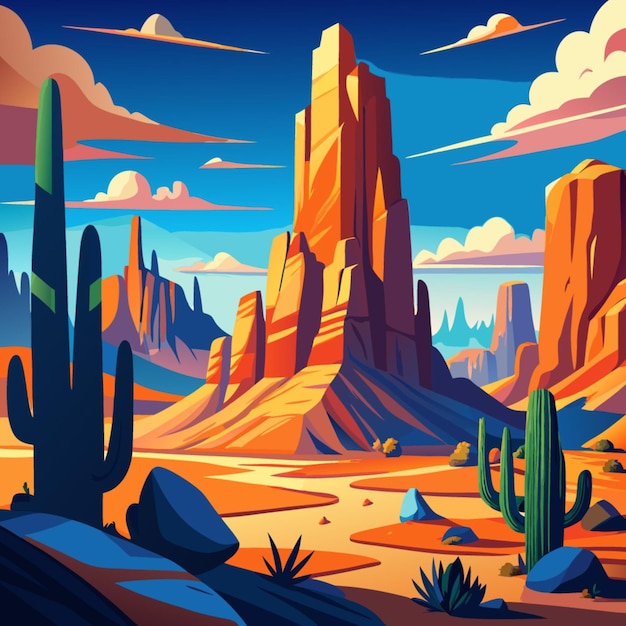 Vector a painting of a desert with a river and mountains in the background