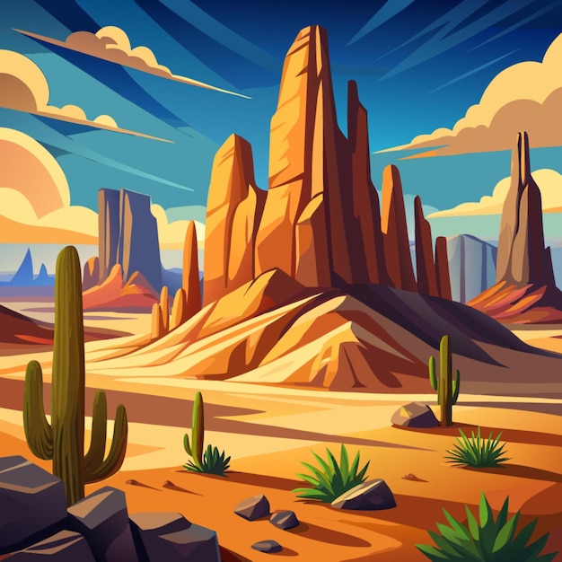 a painting of a desert with a sunset and mountains in the background