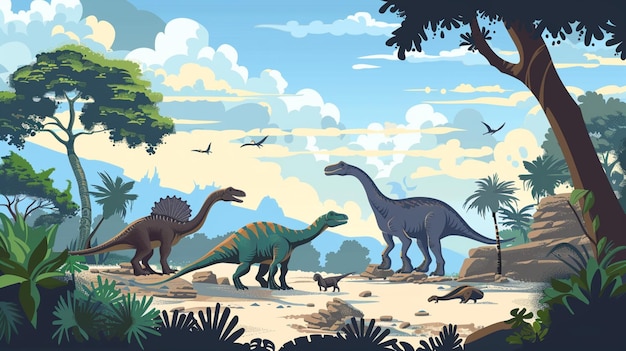 Vector a painting of dinosaurs that are in a forest