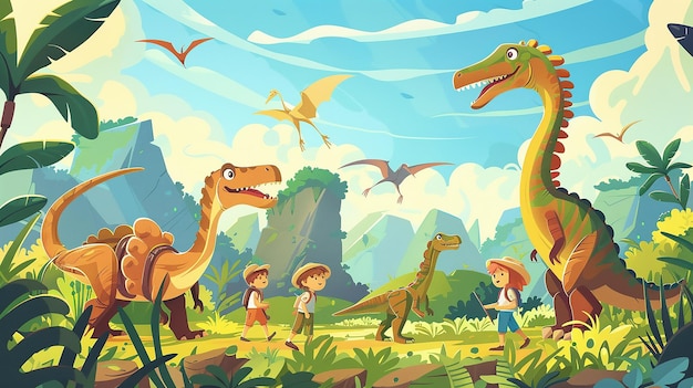 a painting of dinosaurs with kids in a forest with a sky background