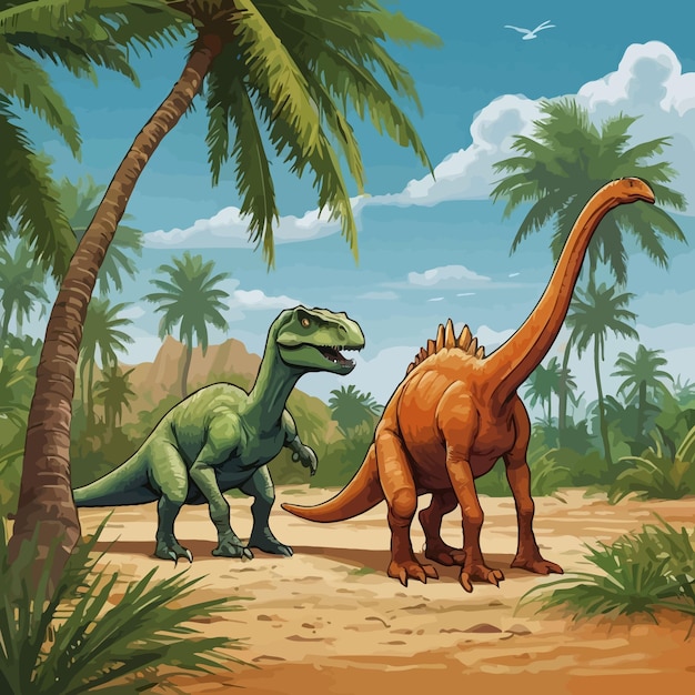 a painting of dinosaurs with a palm tree in the background