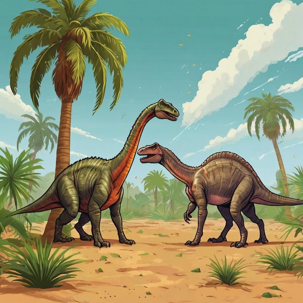 a painting of dinosaurs with palm trees in the background