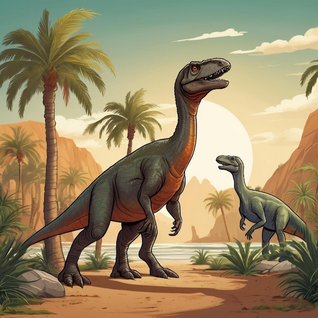 a painting of dinosaurs with palm trees in the background