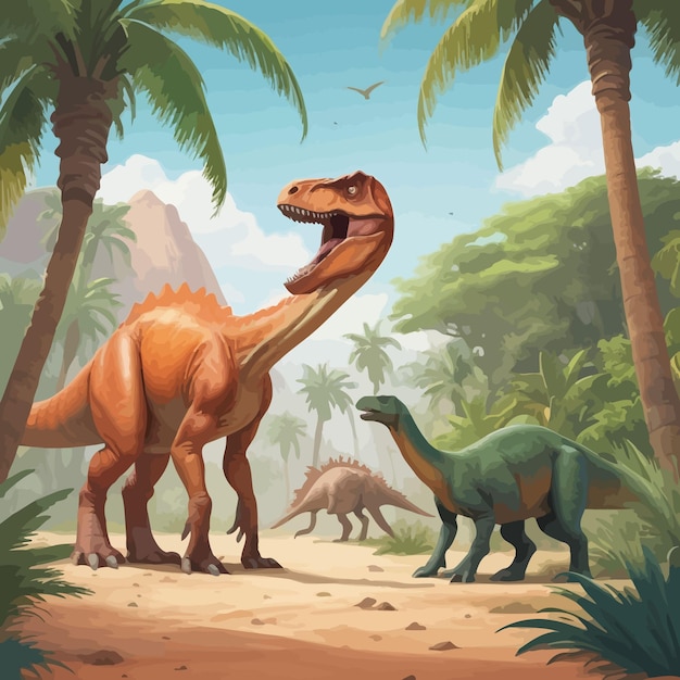 a painting of dinosaurs with palm trees and a blue sky