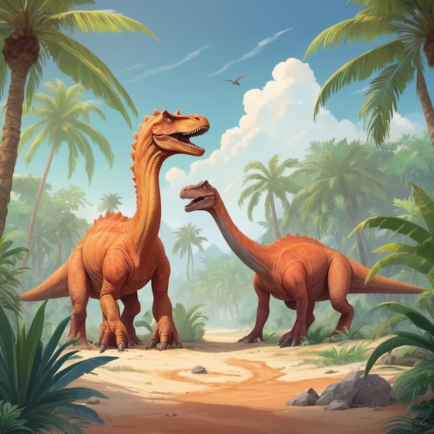 a painting of dinosaurs with a picture of a dinosaur in the background