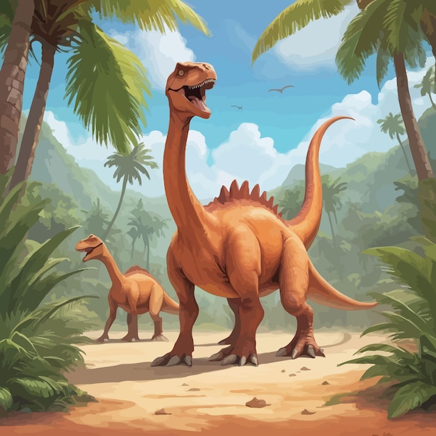 a painting of dinosaurs with a picture of a dinosaur and a forest in the background