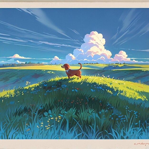 Vector a painting of a dog in a field with a sky background