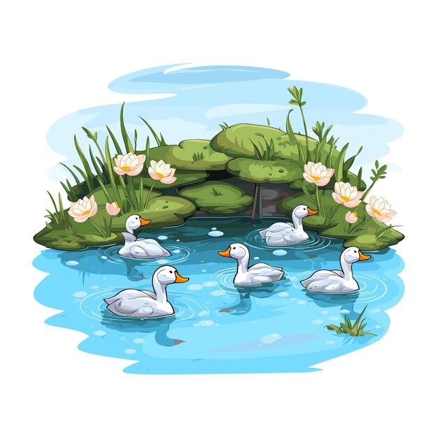 Vector a painting of ducks swimming in a pond with flowers and grass