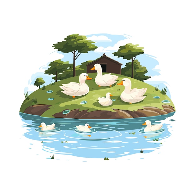 Vector a painting of ducks swimming in a pond with trees and a house in the background