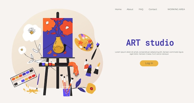 Painting easel landing page Art studio accessories website UI mockup Artist class tools Painter supplies Paint brushes and pencils drawing canvas Vector web interface template