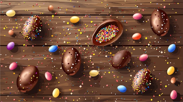 a painting of easter eggs and chocolate easter eggs on a wooden background