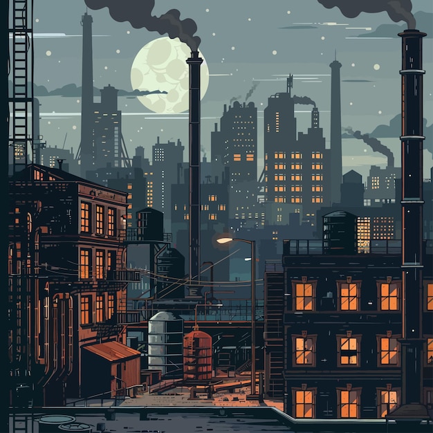 Vector a painting of a factory with a full moon in the background