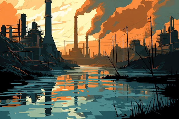 a painting of a factory with a river and a sunset in the background