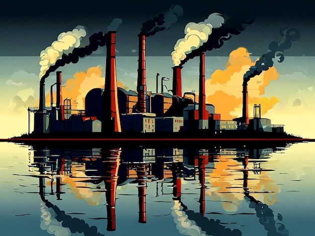 a painting of a factory with smoke coming out of it