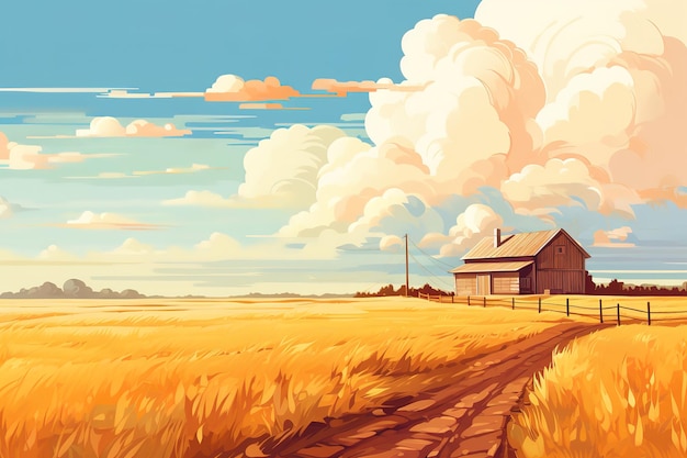 Vector a painting of a farm house in a golden field