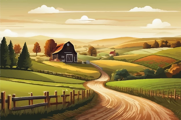 Vector a painting of a farm with a fence and a barn in the background