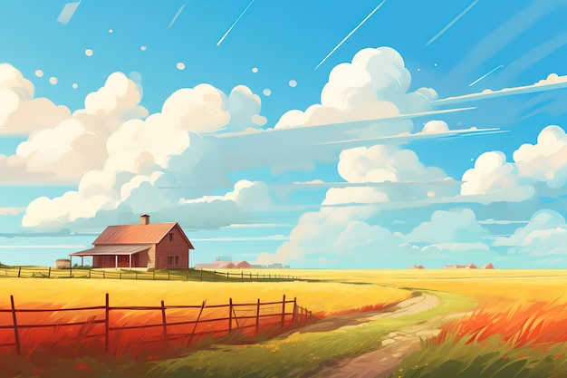 Vector a painting of a farm with a fence and a field with a sky background