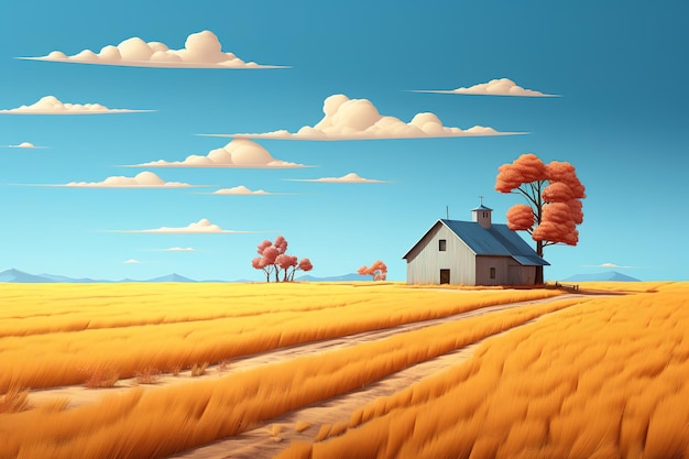 a painting of a farm with a house and trees