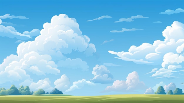 a painting of a field with clouds and a tree in the background