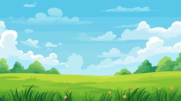 a painting of a field with a green field and a blue sky with a few clouds