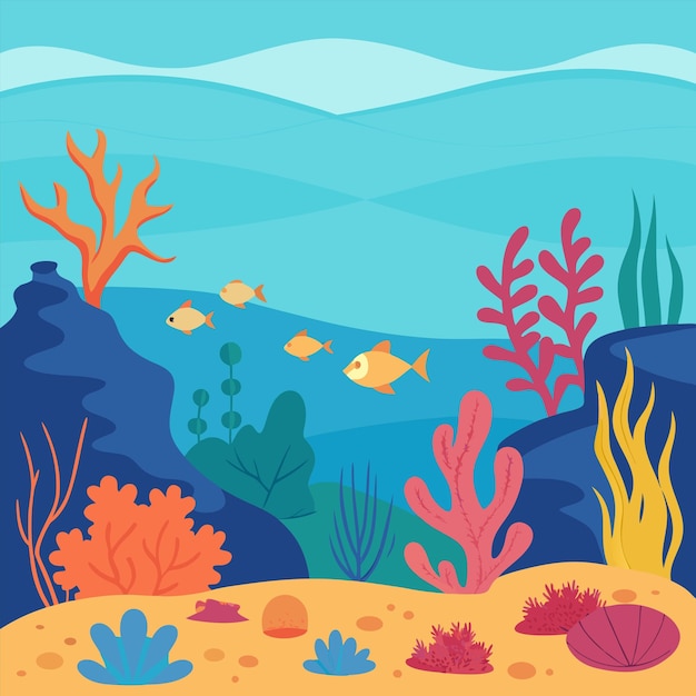 Vector a painting of fish and corals with the ocean in the background