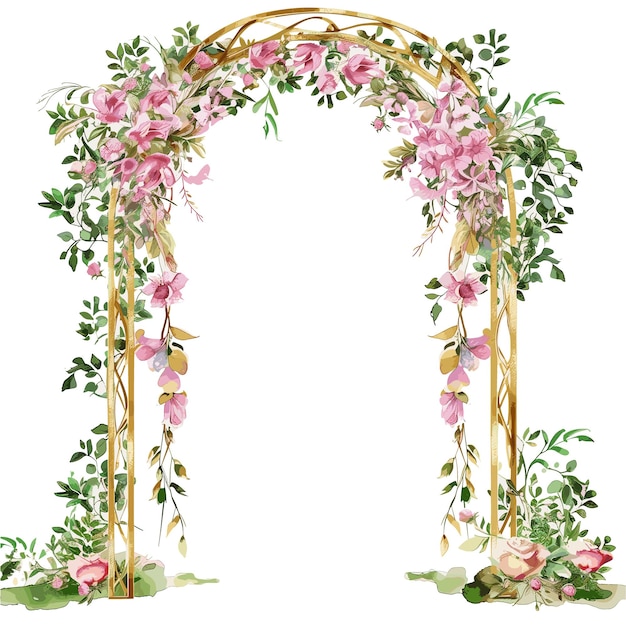 Vector a painting of a floral arch with pink roses and leaves