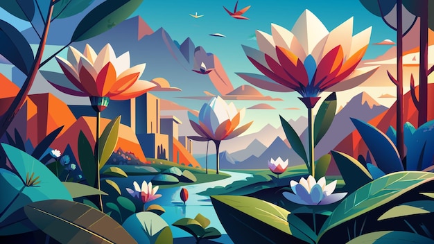 a painting of flowers and birds in a city