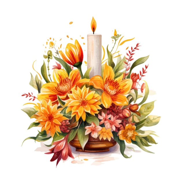 a painting of flowers and a candle with a candle in it.