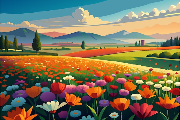 Vector a painting of flowers in a field with mountains in the background