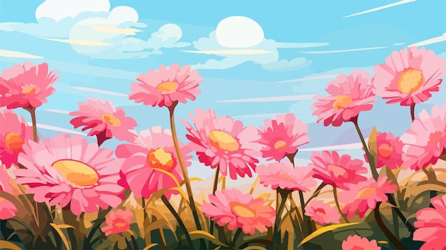 Vector a painting of flowers in a field with the sky in the background