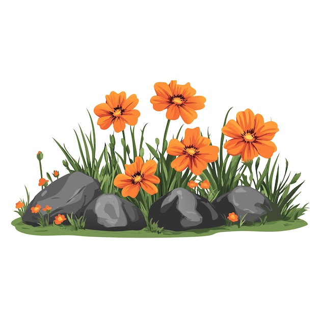 Vector a painting of flowers in a garden with rocks and grass