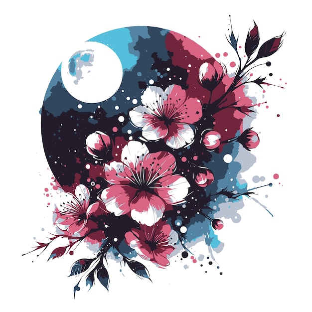 a painting of flowers and moon with a moon in the background