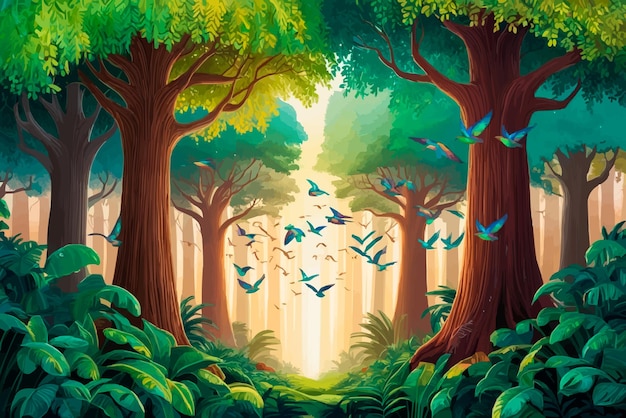 a painting of a forest with birds flying around it