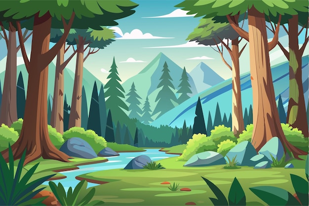 Vector a painting of a forest with mountains in the background