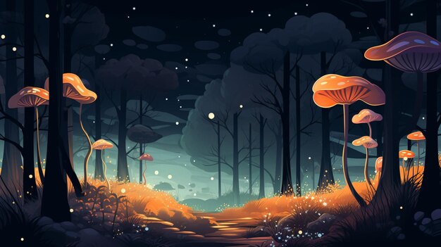 Vector a painting of a forest with orange mushrooms and a forest landscape