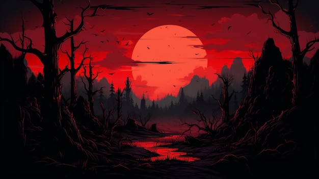 a painting of a forest with a red moon in the sky