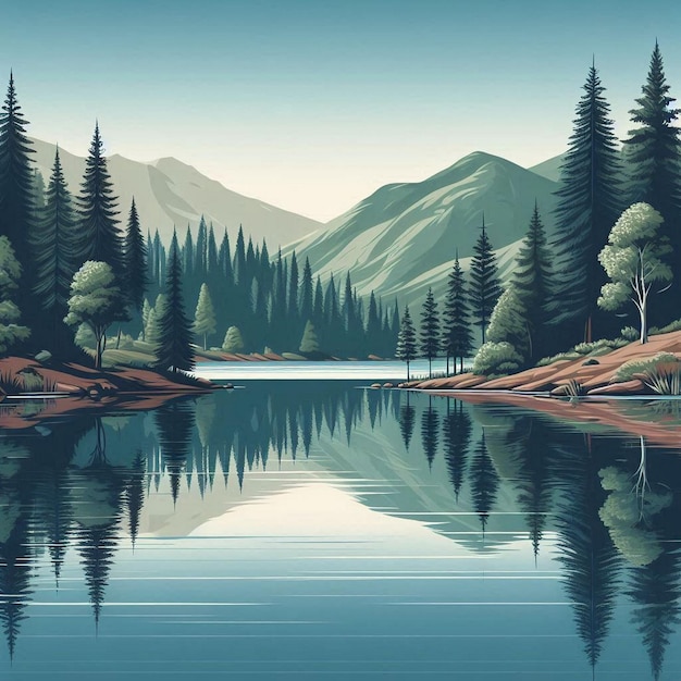 a painting of a forest with a river and a mountain in the background