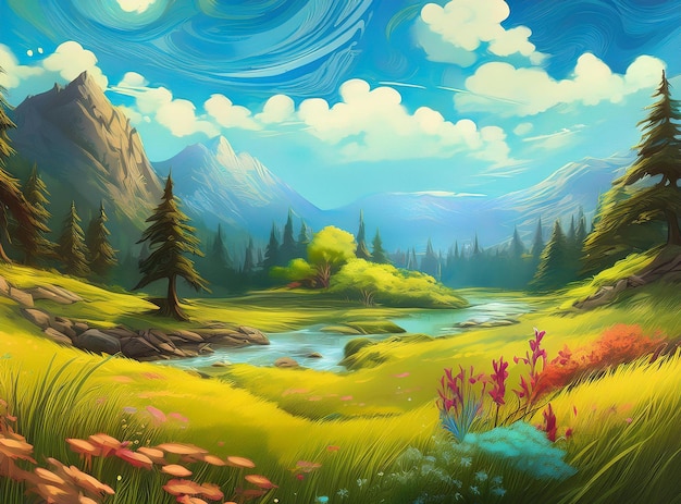 Vector a painting of a forest with a river and mountains in the background