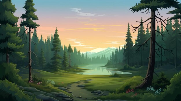 a painting of a forest with a river and mountains in the background