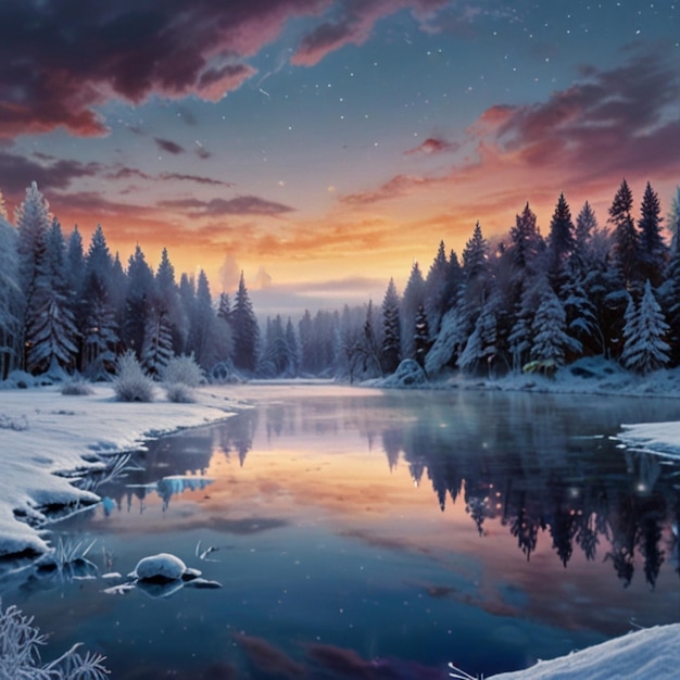 Vector a painting of a forest with snow covered trees and a lake with a sunset in the background