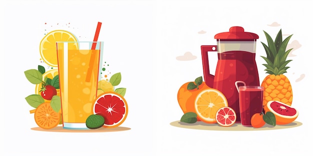 Vector a painting of fruits and a jug with a straw in the middle