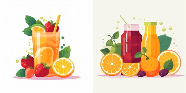 Vector a painting of fruits and vegetables and a drink with a strawberries and oranges