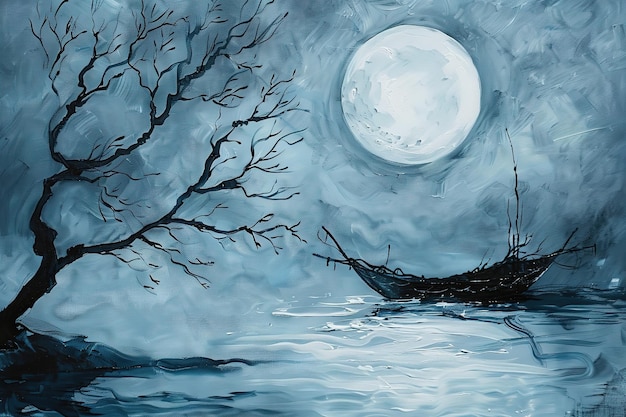 Vector a painting of a full moon over an asian boat on the water in the style of monochromatic paintings ca