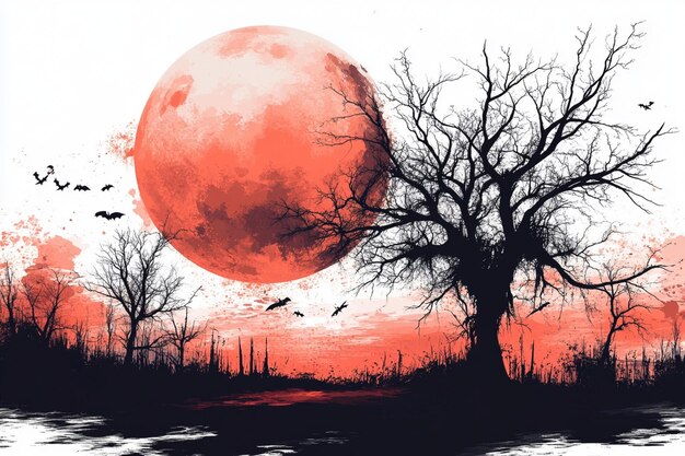 Vector a painting of a full moon with a tree in the foreground