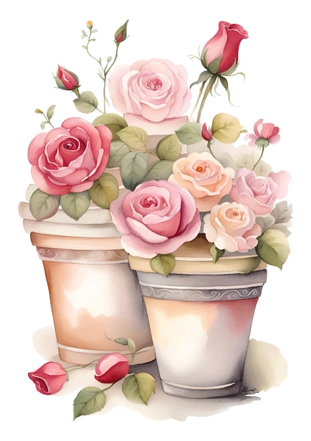 a painting of garden flower pots with a pink roses